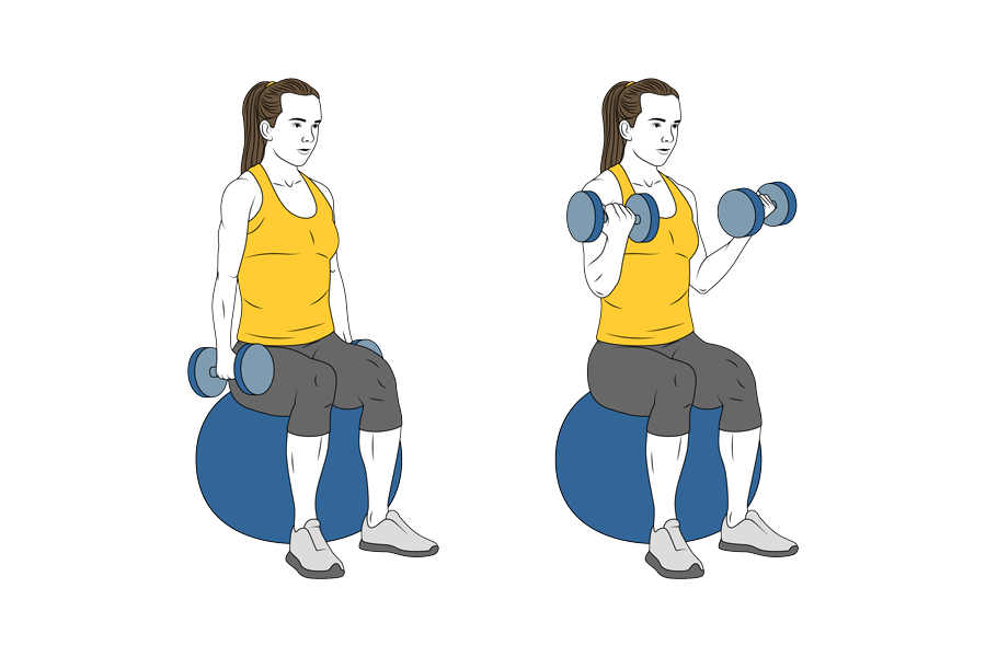 DUMBBELL BICEP CURLS ON FITBALL